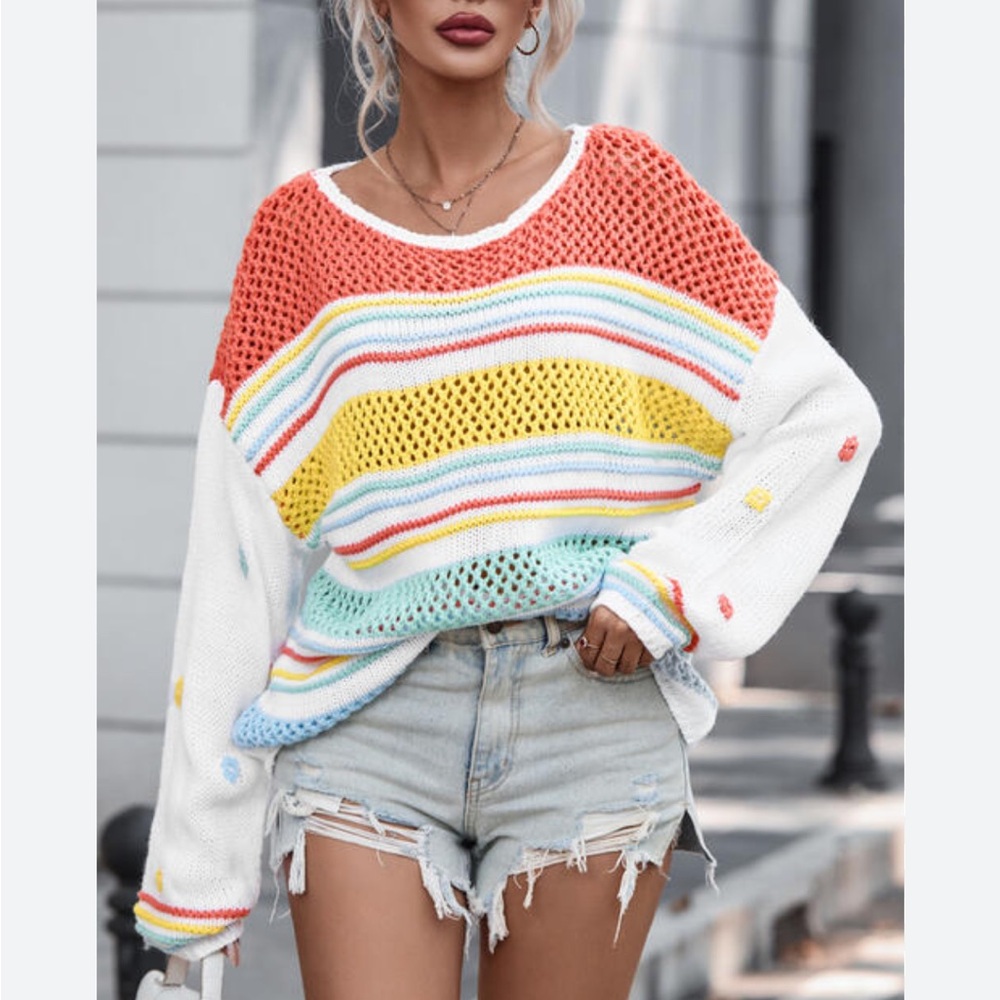 Bibi‎ Size Large Boho Crochet Knit Multicolor Striped Women's Sweater